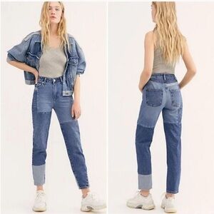 We The Free Size 27 Pieced Jeans Blue Denim Mom Straight Leg Hi-Rise Grunge Indi